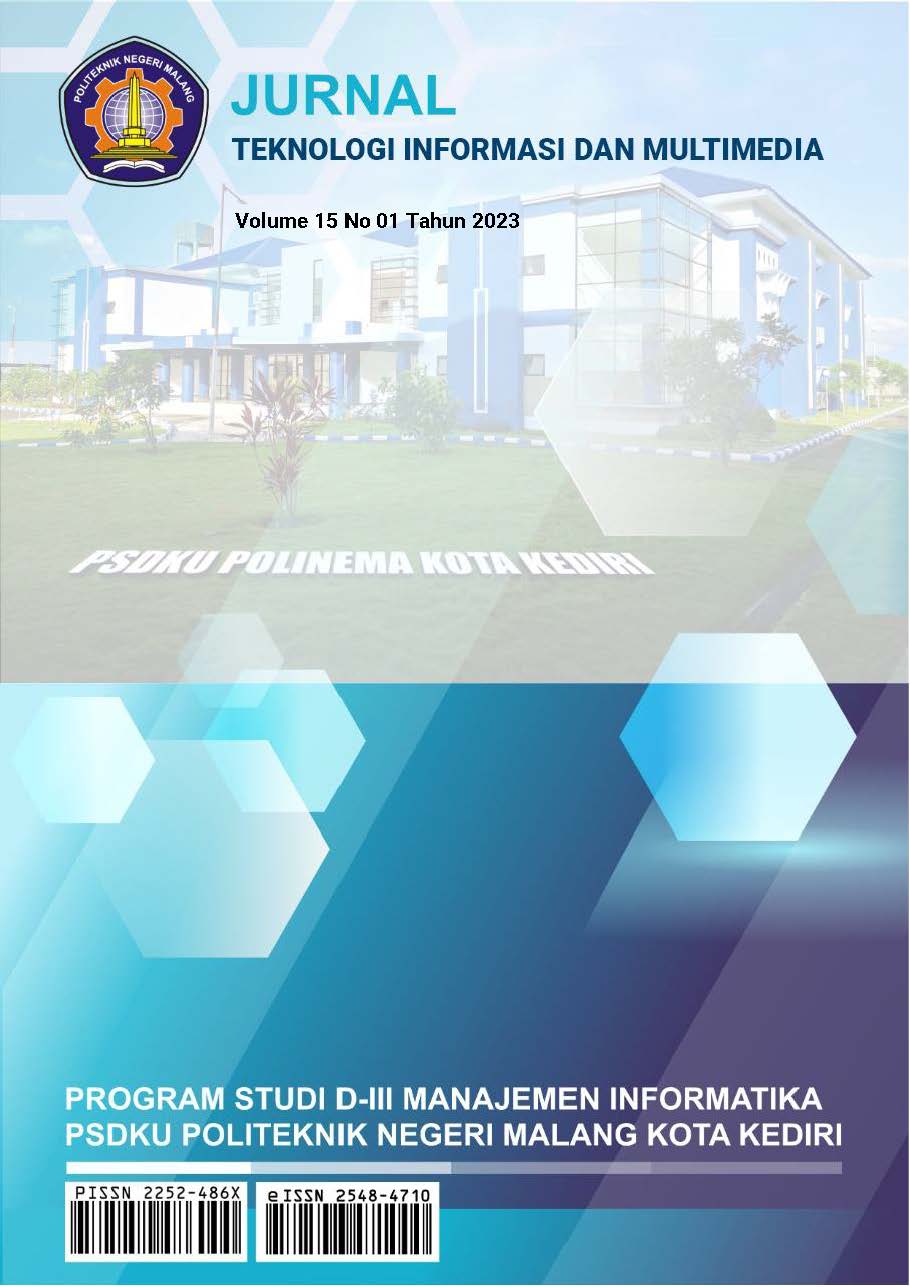 					View Vol. 15 No. 1 (2023): Jurnal Teknologi Informasi dan Multimedia Polinema
				
